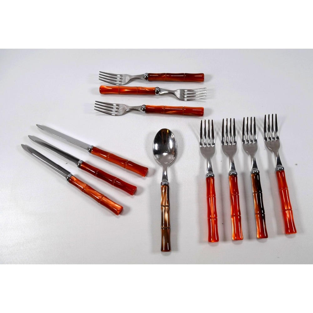 INOX 18/10 Faux Bamboo Flatware 11-Piece Resin Made in Italy‎ Stainless Vintage